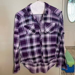 Soft & thin purple plaid collared shirt